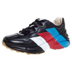 Gucci Black Leather Web Rhyton Low Top Sneakers - vasre